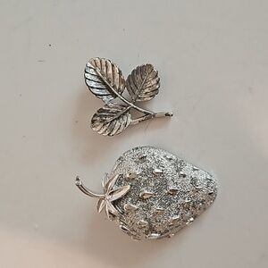 2 SARAH COV Silvertone Brooches, 1 STRAWBERRY & 1 BRANCH